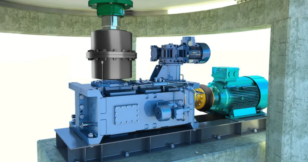 3D rendering of an Antares AGS V HD gear coupling installed on the top shaft of a soybean desolventizer, with an elastic coupling connecting the drive motor to the gearbox in an oilseed processing plant.