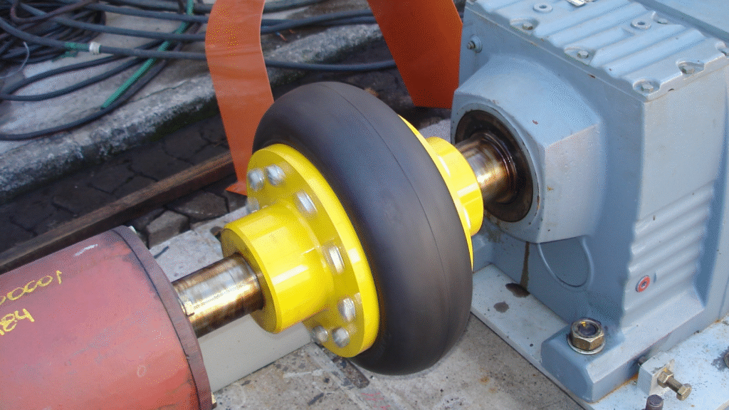 Yellow Antares AT flexible coupling with black elastomeric hub connecting a red drive shaft to a gray gearbox, illustrating a flexible type of coupling used for misalignment compensation and vibration damping.