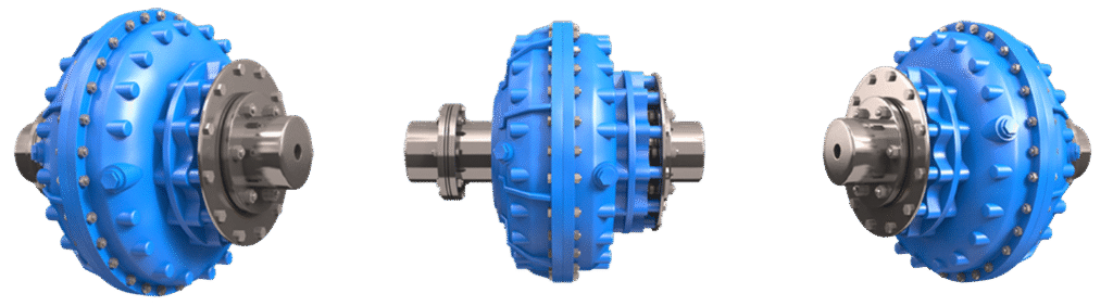 Blue hydraulic coupling showing pump and turbine impellers on each side, illustrating a fluid-based coupling used for soft start, torque control, and overload protection.