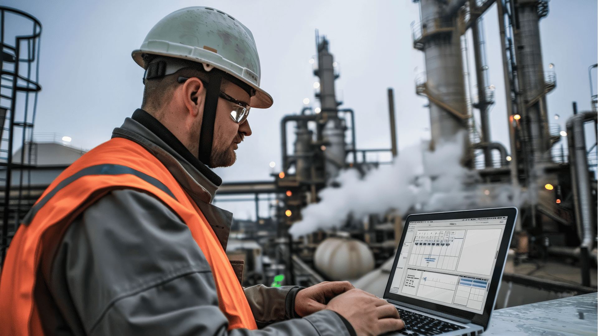 Engenheiro de manutenção com capacete e colete de segurança analisa dados em um notebook em frente a uma planta industrial, aplicando manutenção preditiva para monitorar equipamentos.