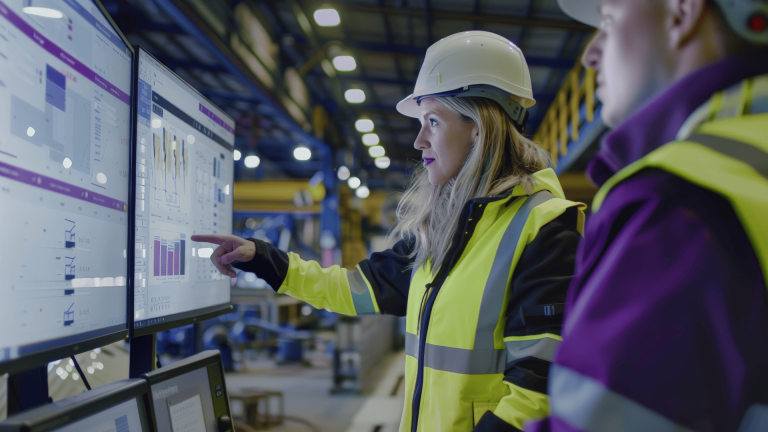 Engenheira de manutenção aponta para gráficos em telas de monitoramento dentro de uma planta industrial, acompanhando indicadores de desempenho e análise de manutenção preditiva.