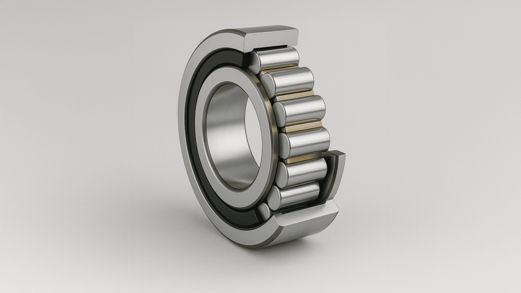 Rolamento de rolos cilíndricos, utilizado em máquinas de grande porte para cargas radiais intensas.