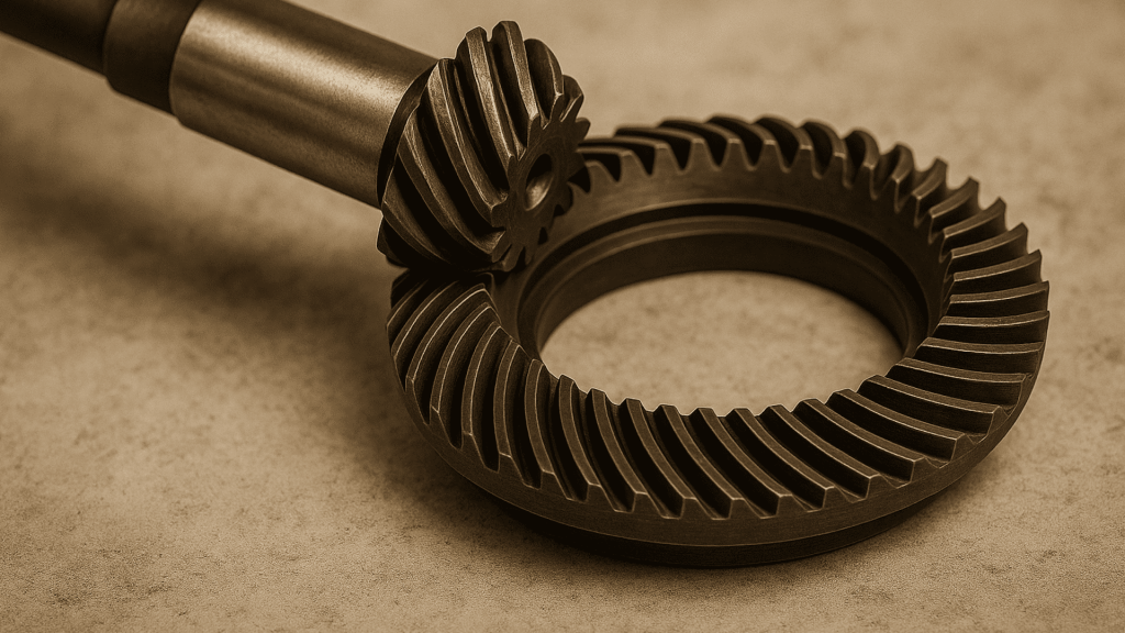 Tipos de engrenagens: cônica de dentes helicoidais.