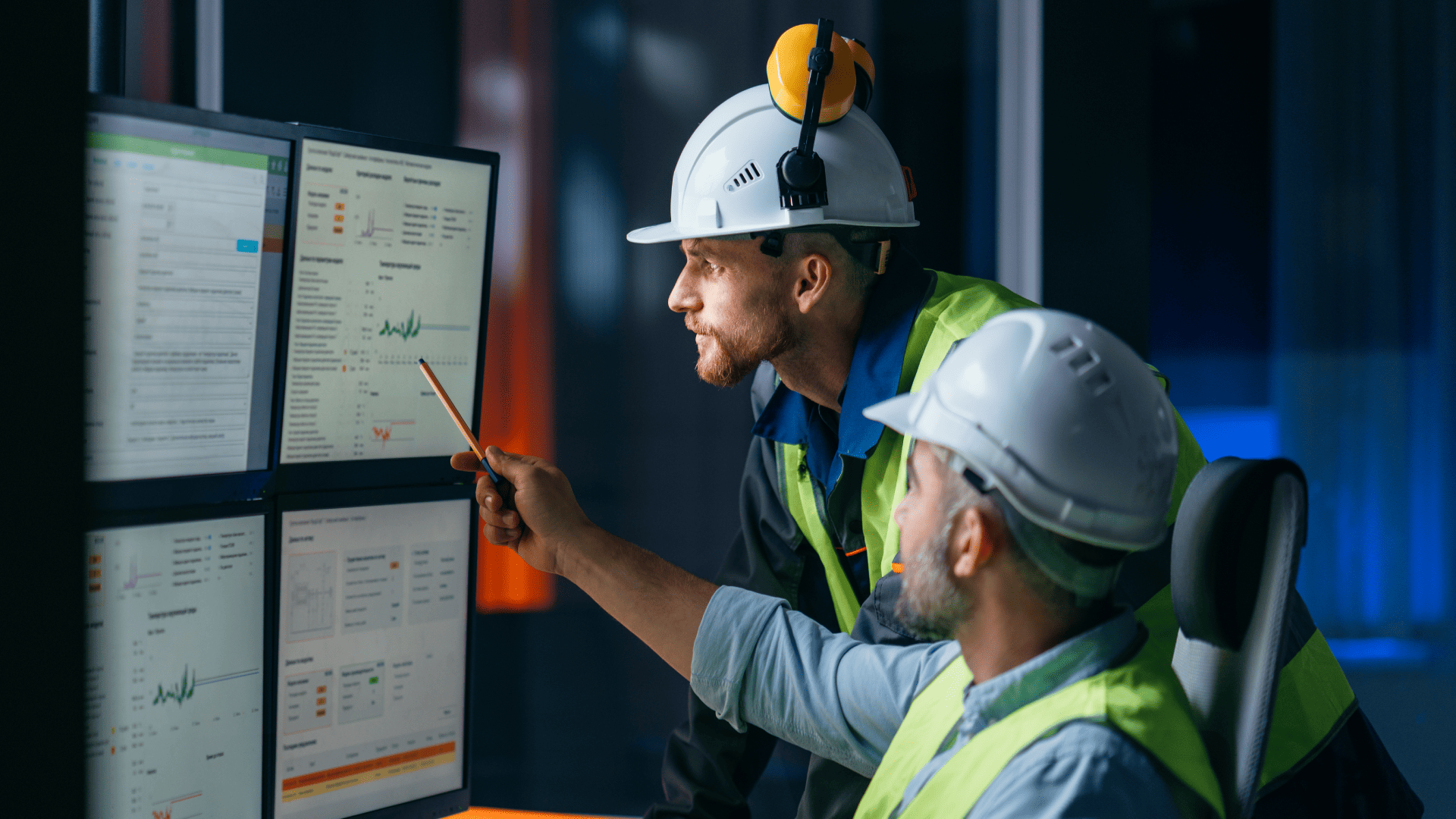 Dois engenheiros com capacetes de proteção e coletes refletivos analisam gráficos de desempenho em múltiplos monitores em uma central de controle, exemplificando o monitoramento de dados em tempo real na indústria 4.0.