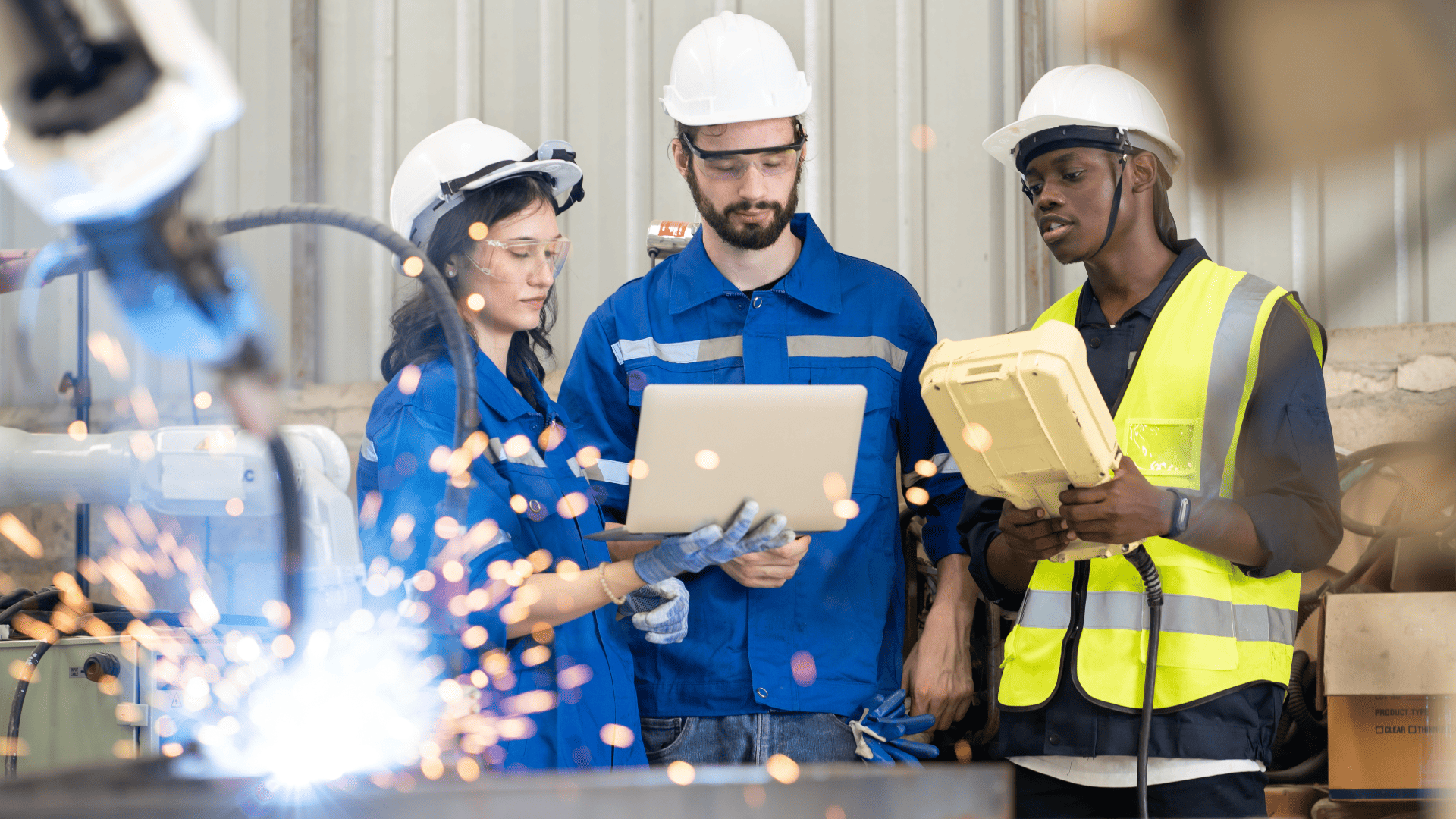 Três profissionais de engenharia colaboram no chão de fábrica operando um braço robótico com auxílio de um notebook e um controlador digital, destacando a integração entre humanos e máquinas na indústria 4.0.