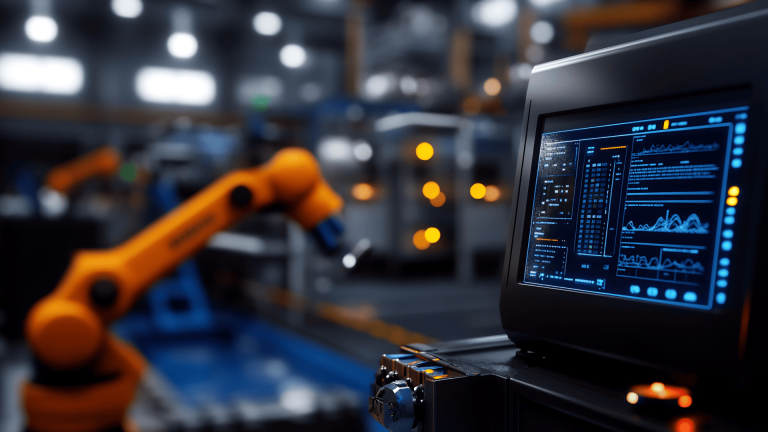 Close em uma interface digital exibindo dados analíticos e indicadores de produção em destaque, com um braço robótico laranja operando ao fundo em um ambiente de fábrica inteligente da indústria 4.0.