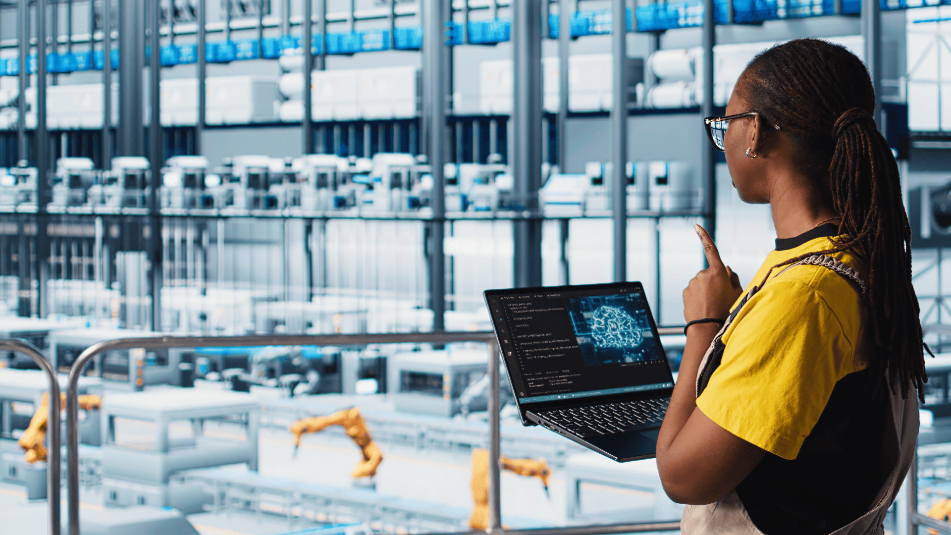 Engenheira monitora linha de produção automatizada com auxílio de laptop e dados em tempo real, em ambiente de automação industrial de alta tecnologia.