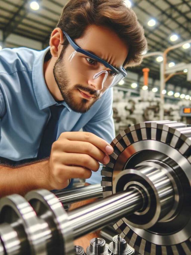 Foto de um engenheiro inspecionando um mancal de rolamento da Antares em um ambiente industrial
