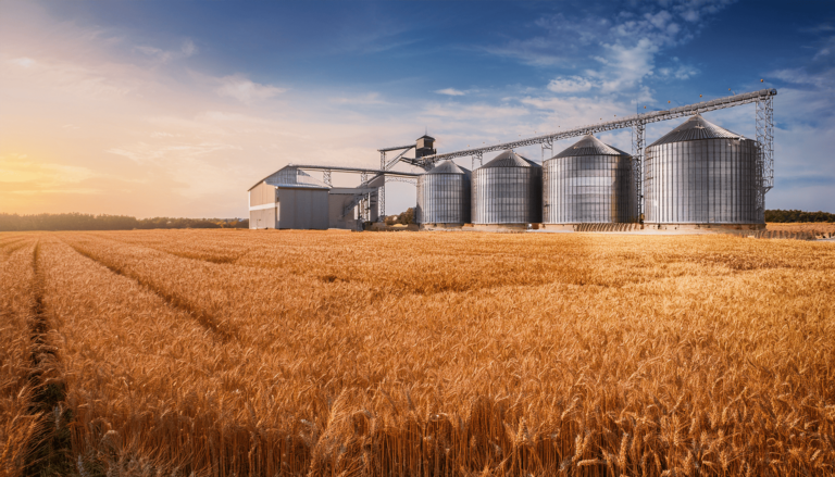 Linha de processamento de grãos com silos metálicos em área agrícola, cercada por campo de trigo maduro, ao entardecer. Estrutura compõe um transportador de grãos com acoplamento Antares, usada no armazenamento e escoamento da produção.