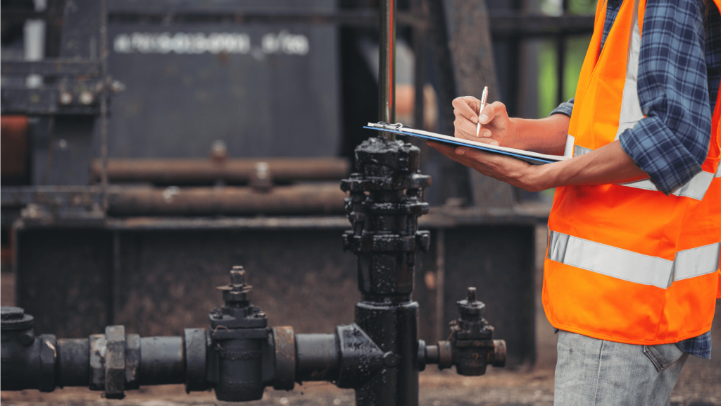 Técnico com colete de segurança faz inspeção e anotações durante manutenção corretiva em sistema de tubulações industriais.