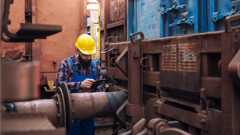 Profissional com capacete amarelo e tablet realiza manutenção corretiva em acoplamento em área industrial.