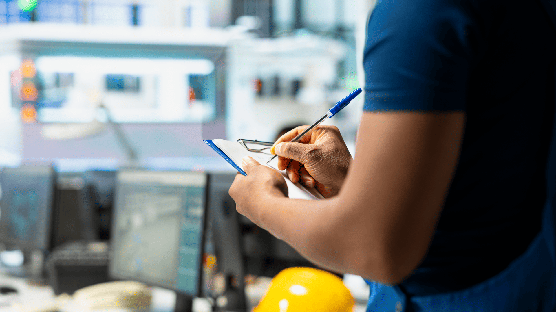 Técnico registrando dados de manutenção preventiva em área de controle industrial, com computadores ao fundo e ambiente fabril em operação.