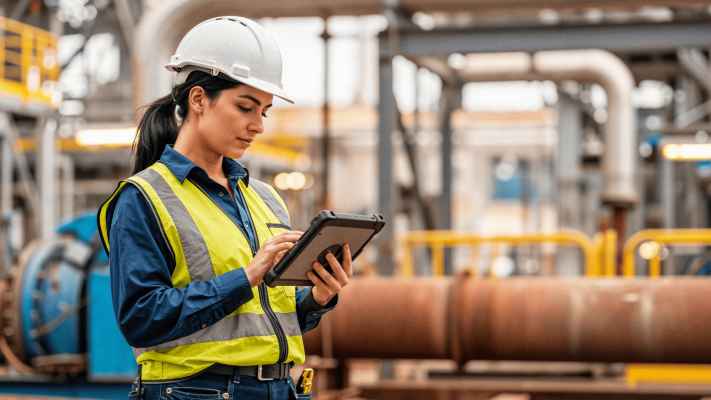 Engenheira realizando inspeção com tablet em indústria pesada, aplicando checklist digital de manutenção preventiva entre os equipamentos.