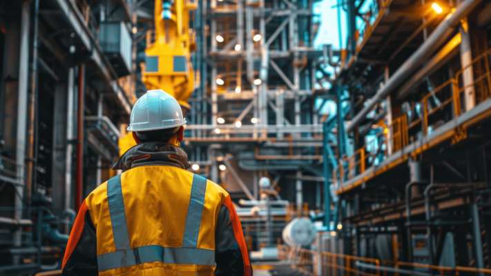Profissional com capacete e colete refletivo observando planta industrial iluminada, simbolizando foco em produtividade na manutenção de grandes operações.