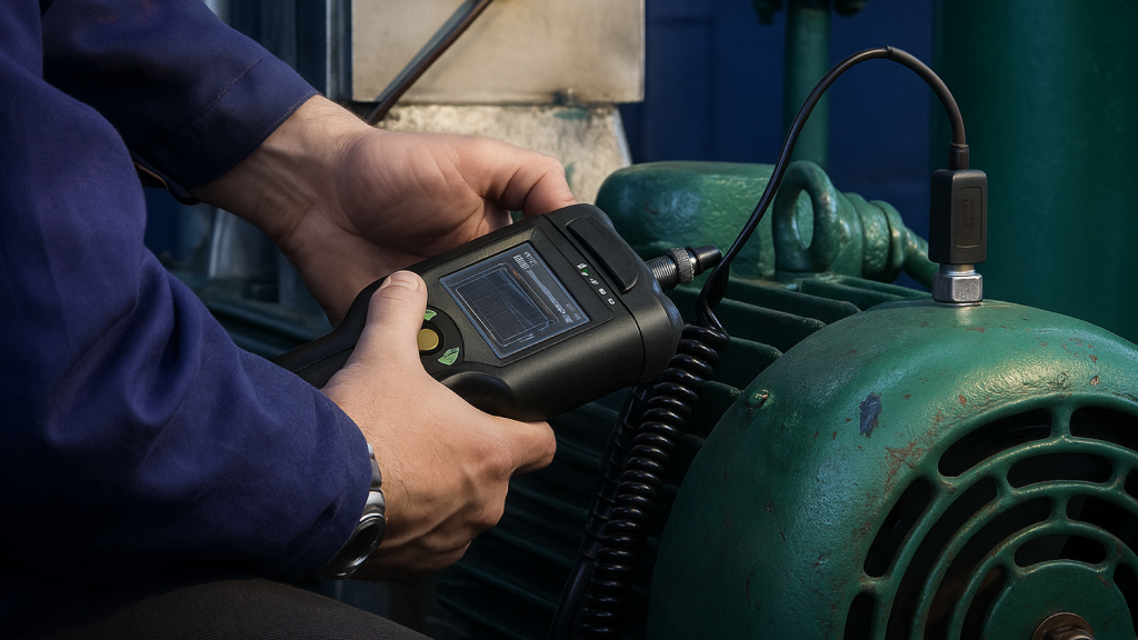 Técnico aplica análise de órbita na vibração em motor elétrico verde, usando sensor e analisador portátil para coleta de dados de rotação.