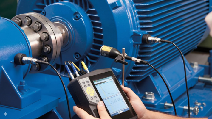 Equipamento realiza análise de órbita na vibração em motor elétrico de um equipamento rotativo, com sensores instalados e dispositivo portátil de monitoramento dinâmico. A imagem também mostra um exemplo de acoplamento para reduzir vibração.