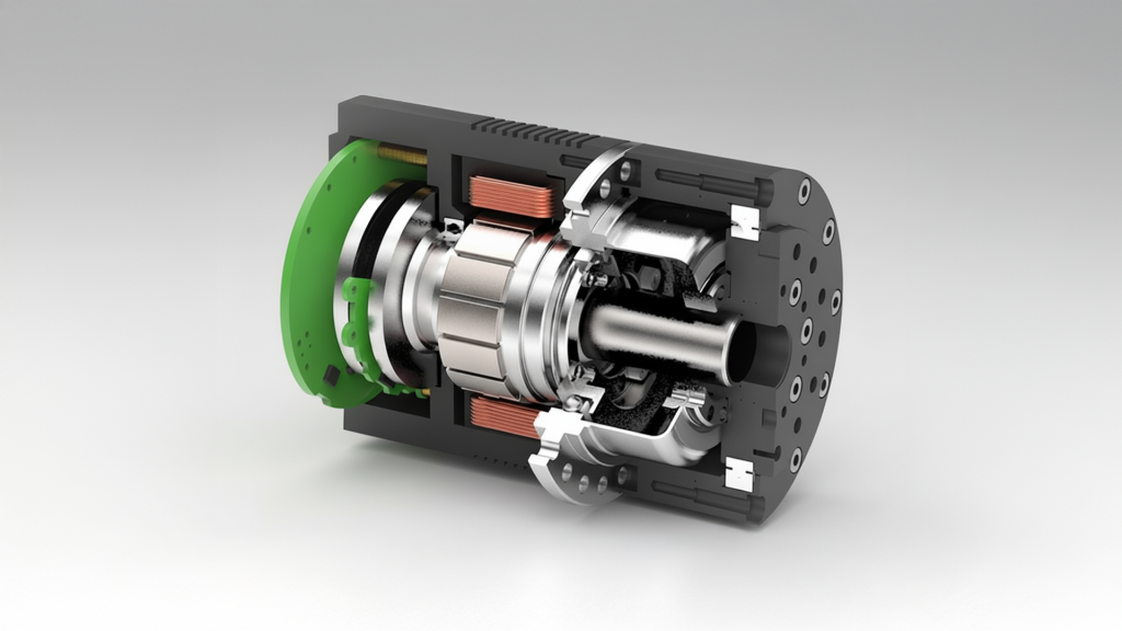 Corte seccional de servo motor industrial com rotor, estator, bobinas e eixo; construção interna destacada.