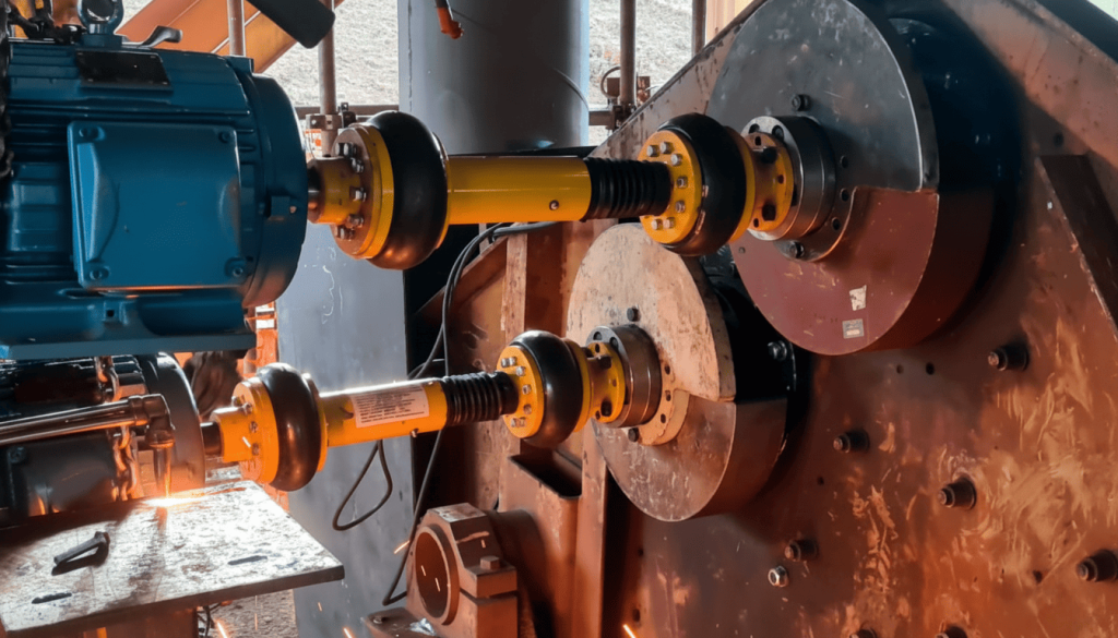 Acoplamento flexível de pneu Antares AT EF com eixo flutuante instalado em peneira vibratória de mineradora — aplicação crítica com alto nível de vibração e exigência mecânica severa.