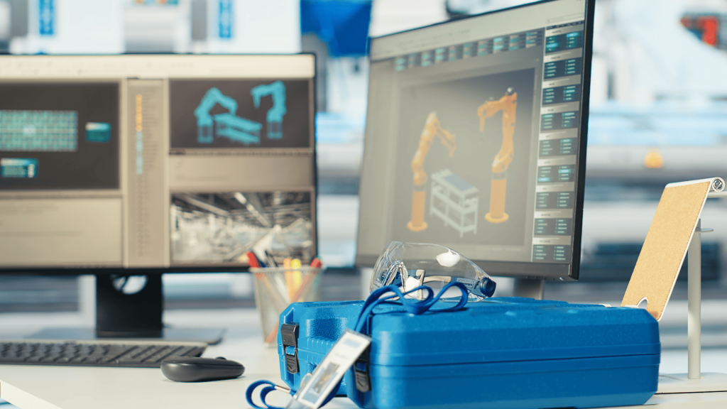 **Sugestão de alt text:** Mesa de engenharia com dois monitores exibindo projetos 3D de braços robóticos e interface de CAD ao lado de uma maleta azul com EPI, ilustrando ambiente de desenvolvimento de máquinas e integração de componentes como acoplamento para fabricante de máquinas industriais.