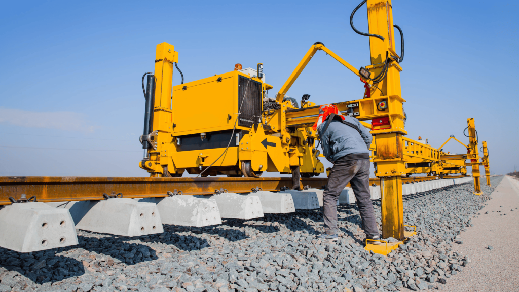 Máquina de manutenção ferroviária amarela operando sobre trilhos recém-instalados com dormentes de concreto e brita. Um técnico realiza ajustes no equipamento que assegura a precisão e a fixação em trilhos durante a construção da via férrea, sob um céu azul claro.