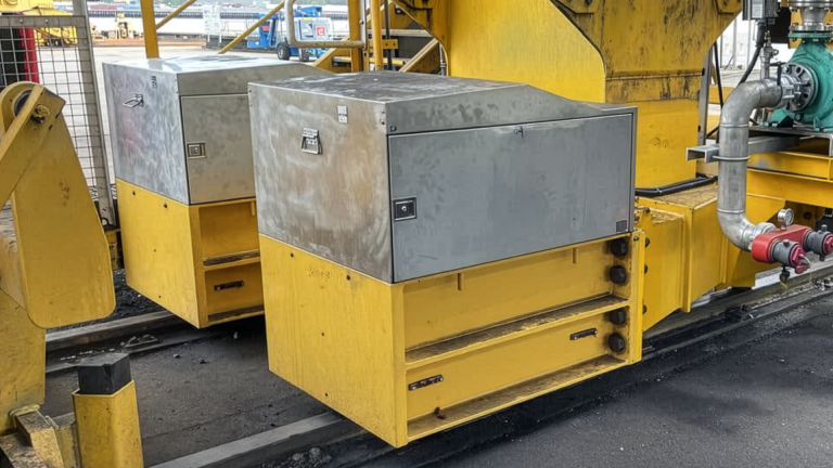 Vista aproximada da base de uma grande máquina industrial montada sobre trilhos. A estrutura inferior amarela abriga o grampo de ancoragem para fixação no trilho, servindo de base para um compartimento metálico de aço inoxidável com travas e alças. Ao lado, nota-se uma bomba hidráulica e tubulações industriais em um ambiente portuário ou de pátio de carga.