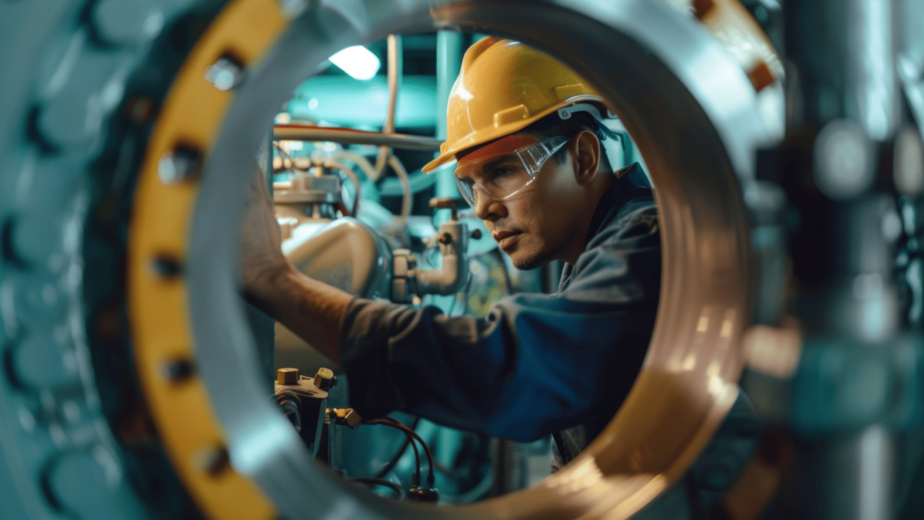 Técnico de manutenção visto através de uma abertura circular metálica, utilizando óculos de proteção e capacete amarelo enquanto inspeciona um equipamento. A imagem destaca a precisão e a segurança operacional em máquinas rotativas durante procedimentos de vistoria técnica em ambiente industrial.