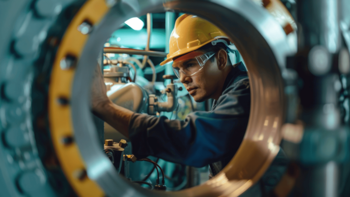 Técnico de manutenção visto através de uma abertura circular metálica, utilizando óculos de proteção e capacete amarelo enquanto inspeciona um equipamento. A imagem destaca a precisão e a segurança operacional em máquinas rotativas durante procedimentos de vistoria técnica em ambiente industrial.