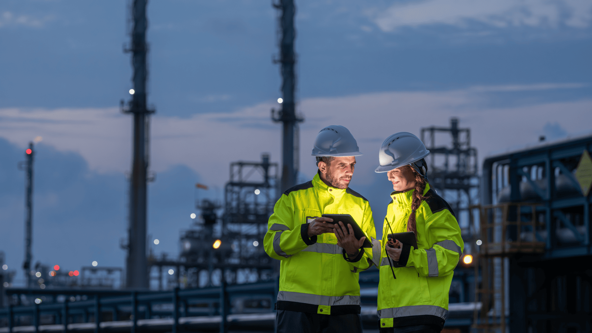 Dois trabalhadores da indústria, equipados com capacetes e vestimentas de segurança, analisam juntos dados de sensores industriais em um tablet, com uma refinaria de petróleo iluminada ao fundo ao anoitecer.