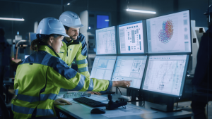 Dois técnicos de colete refletivo e capacete colaboram em uma estação de trabalho de sala de controle, com a mulher apontando para uma tela que exibe gráficos detalhados e dados derivados de uma rede de sensores industriais.