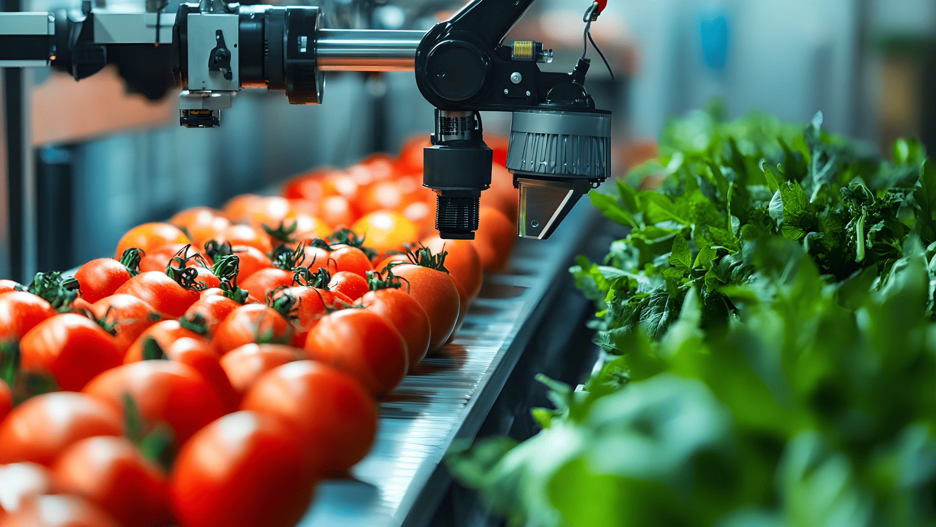 Um braço robótico industrial de alta precisão manipula tomates frescos em uma esteira de processamento pós-colheita, um exemplo claro da eficiência da automação industrial agrícola.
