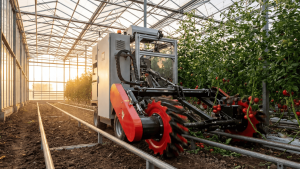 Uma máquina robótica autônoma com rodas vermelhas navega entre fileiras de tomateiros dentro de uma estufa de vidro ao nascer do sol, demonstrando a colheita automatizada pela automação industrial agrícola.