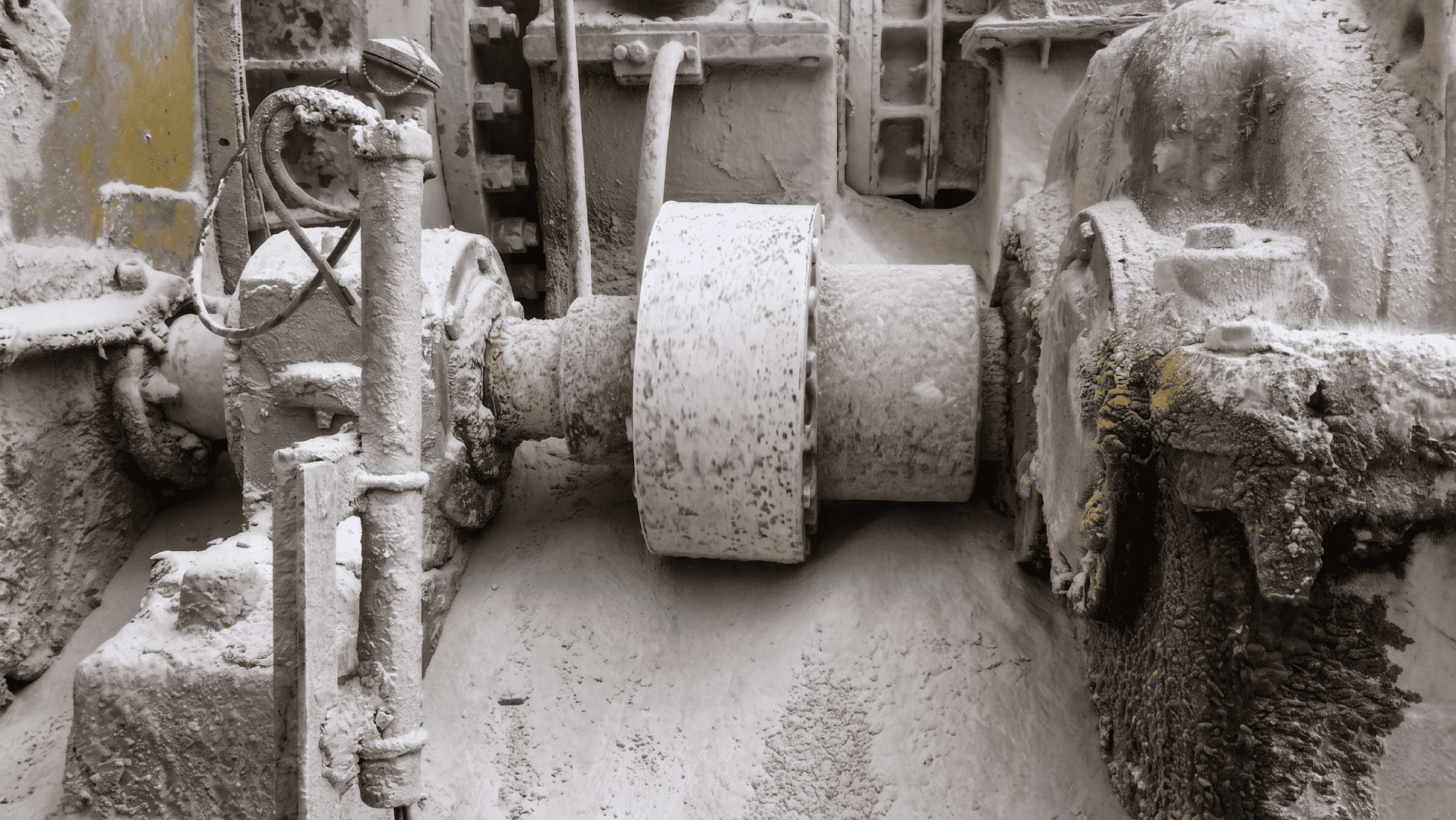Destaque para um acoplamento elástico operando em um ambiente industrial hostil. A peça está completamente coberta por poeira mineral branca, ilustrando a durabilidade essencial exigida para acoplamentos para mineração expostos a condições extremas.
