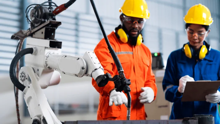 Equipe técnica opera célula robotizada em fábrica automatizada, verificando processos de soldagem e controle de qualidade na automação industrial.