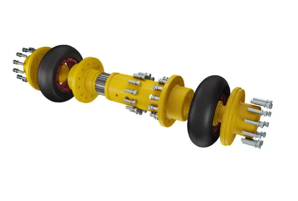 Acoplamento flexível de pneu com Eixo Flutuante aberto para melhor visualização do conjunto