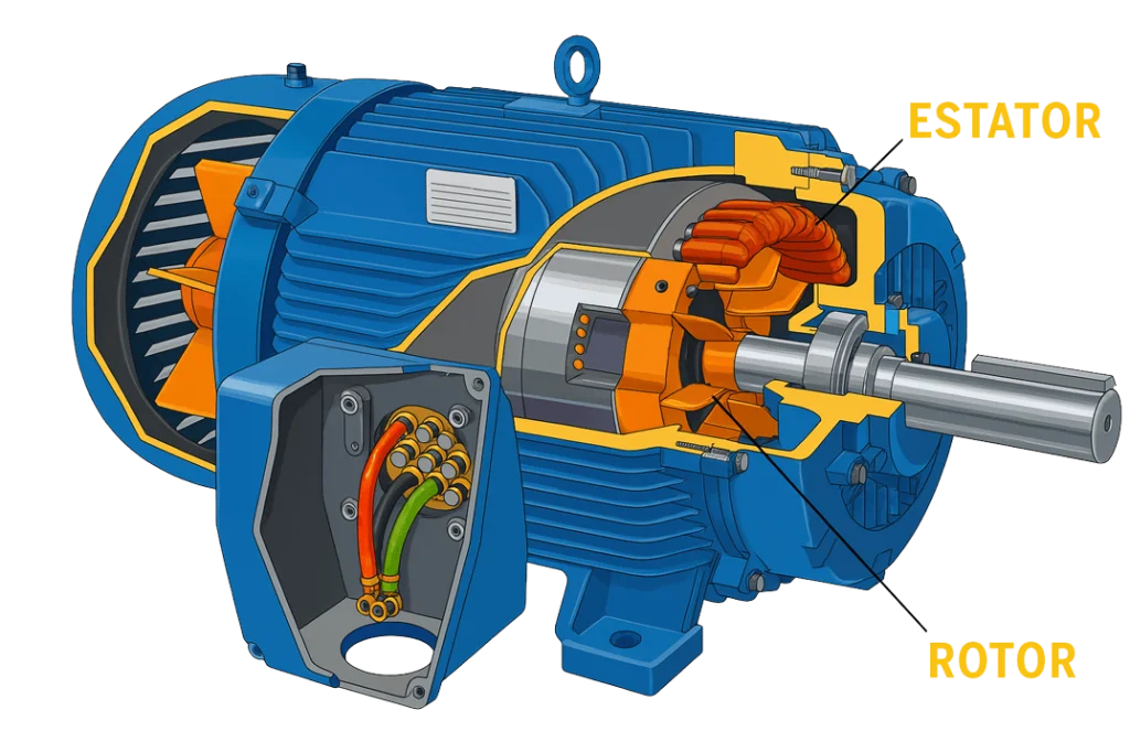 Ilustração em corte de um motor elétrico, destacando suas principais partes internas: estator em laranja com bobinas de cobre, rotor metálico com eixo de saída e caixa de ligação com cabos coloridos. A imagem mostra a estrutura interna do motor para fins técnicos e educacionais.