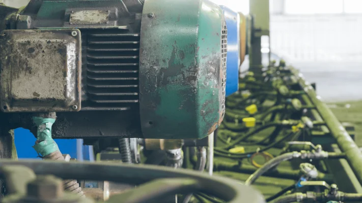 Motor elétrico industrial desgastado com carcaça verde e conexões hidráulicas ao fundo, evidenciando sinais de uso severo em ambiente fabril.